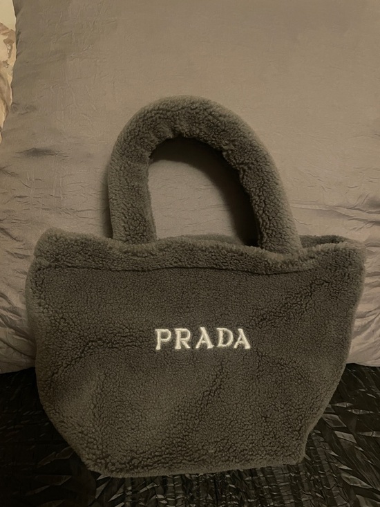 Prada Handbags - Prada Gray Sherpa Tote with White Logo